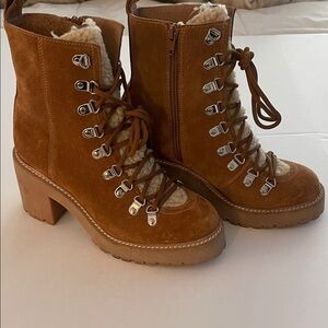 JEFFREY CAMPBELL Cognac Brown Suede & Sherpa Lace Up Lug Sole Hiking Boots